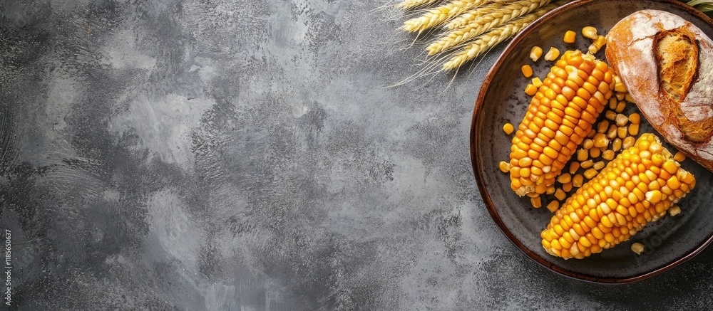 Aufkleber corn and bread on a gray stone surface with wheat stalks and empty space for text in a rustic kitche