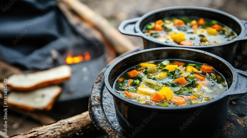 Poster rustic vegetable soup in black pots with bread background ideal for menu designs banners or social m