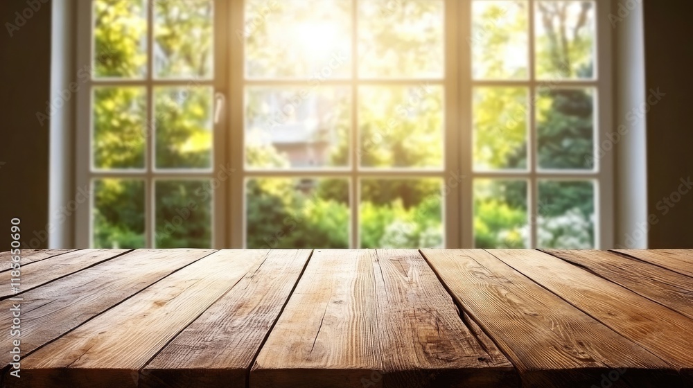 Poster wooden table in front of blurred sunny windows with lush greenery creating a warm and inviting atmos