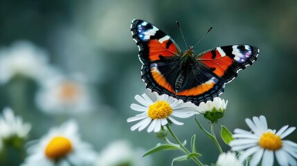 Red admiral butterfly resting on white daisies in a serene garden setting highlighting nature's beauty and vibrant colors
