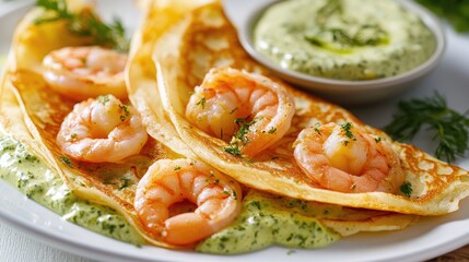 Seafood crepes filled with shrimp and drizzled with green sauce served elegantly on a white plate