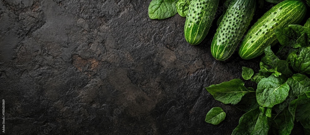 Poster fresh cucumbers and green leaves on dark stone surface with empty space for text and design elements