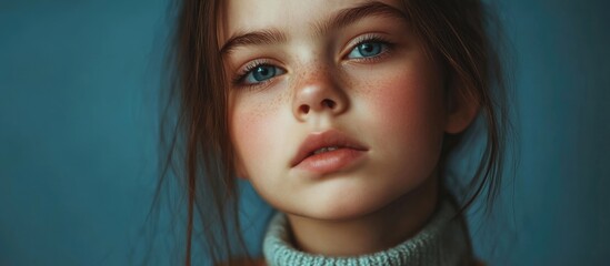 Fototapeta premium Close up portrait of thoughtful young Caucasian girl with soft blue eyes and natural makeup, against a muted blue background, ideal for emotional conceptual imagery.