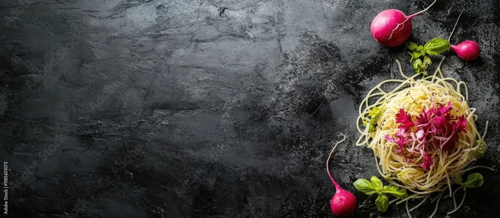 Poster delicious spaghetti dish with fennel celery root and radish arranged on dark surface with empty spac
