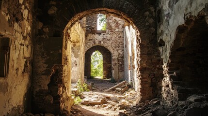 Naklejka premium Ancient Castle Ruins with Arched Doorways and Natural Light Illuminating the Interior
