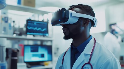 Doctor exploring advanced medical technology using virtual reality headset in a modern laboratory environment.