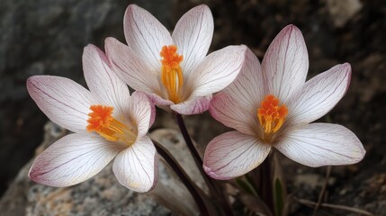 Delicate Crocus Flowers Blooming in Nature with Soft White Petals and Vibrant Orange Stamens Against a Natural Background