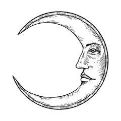 crescent moon face sketch engraving black and white outline. Scratch board imitation.  © ascrea