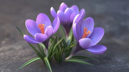 Vibrant purple crocus flowers blooming with fresh green leaves against a textured background...