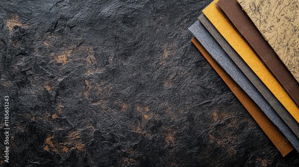 Poster document and office supplies arranged on dark textured background with ample empty space for your cu