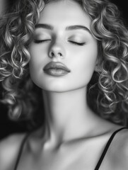 Fototapeta premium Elegant young Caucasian female model with curly hair, closed eyes, wearing cocktail dress, captured in indoor vertical black and white portrait.