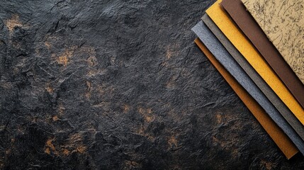 Document and office supplies arranged on dark textured background with ample empty space for your custom text or design elements