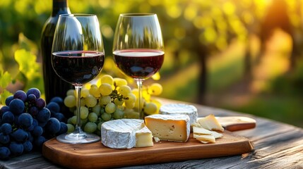 Elegant wine and cheese platter for two amid vineyard scenery with fresh grapes and sunlit background ideal for romantic moments or gatherings