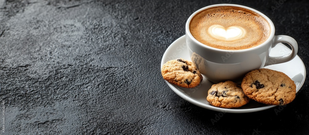 Poster aromatic coffee with milk served in a cup beside delicious cookies on a saucer with ample copyspace 
