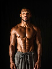 Fototapeta premium Muscular African American man with defined abs standing confidently against a black backdrop, showcasing powerful physique and ample copyspace for text.