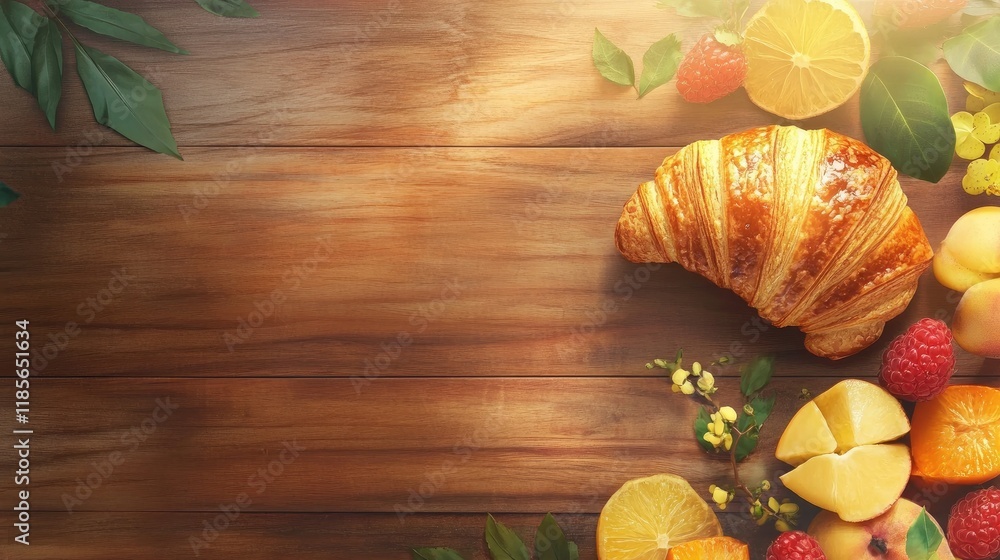 Poster croissant and assorted fruits displayed on a rustic wooden surface for a warm and inviting breakfast