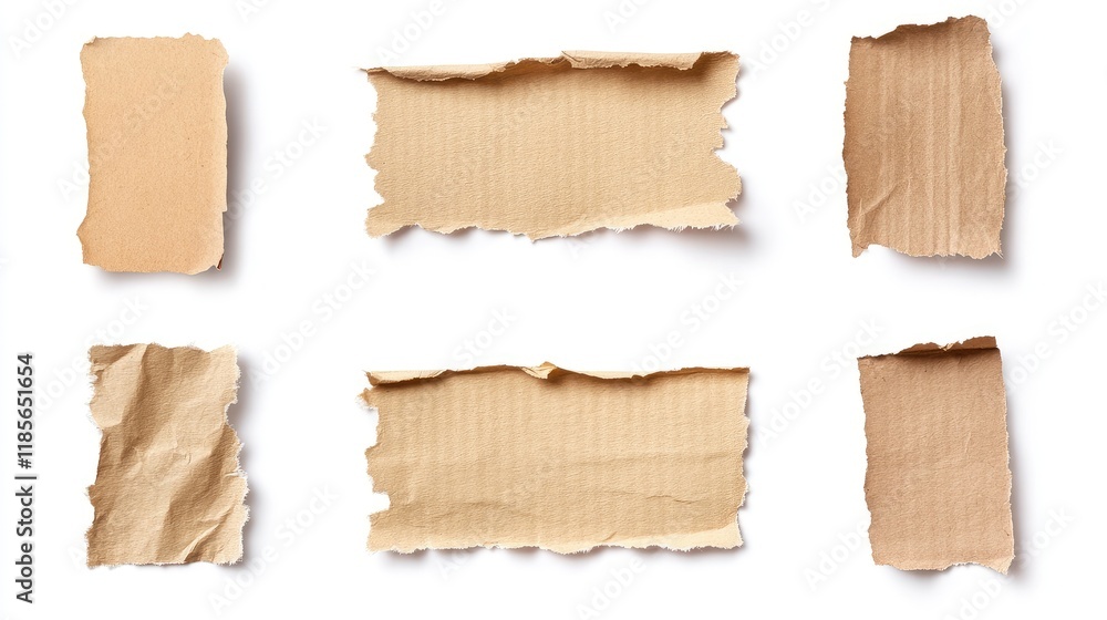 Poster set of assorted torn recycled paper pieces on a white background for creative design and craft appli