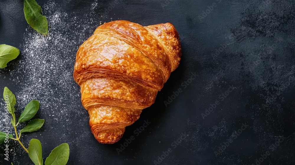 Poster golden croissant on dark background with fresh green leaves and scattered flour creating a rustic an