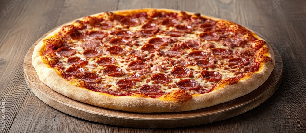 Poster savory pepperoni pizza on a rustic wooden table with ample empty space for customizable text or adve