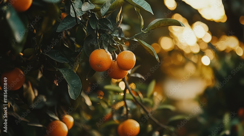 Poster sunlit ripe oranges growing on a lush orange tree with a blurred background emphasizing their vibran