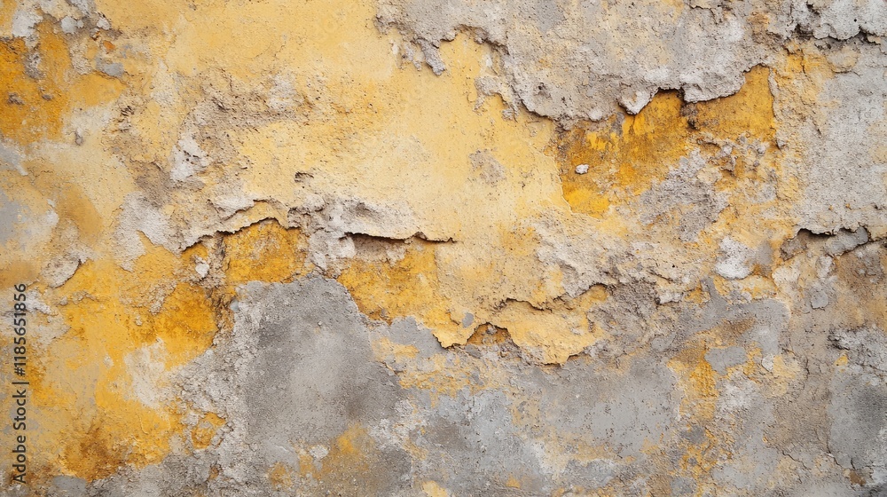 Poster closeup of weathered yellow wall texture showcasing grunge patterns and cement imperfections for use