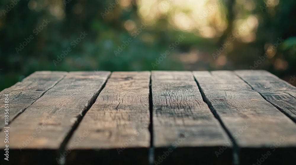 Poster rustic wooden table in nature with softly blurred background ideal for technology and product displa