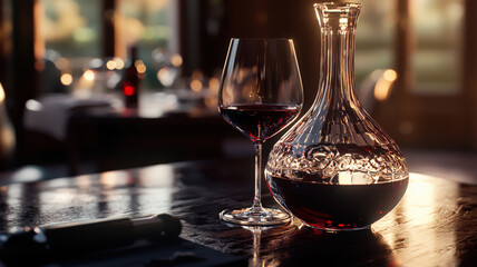 A crystal decanter with deep ruby red wine, light enhancing its color. A partially filled wine glass stands beside it. Background: a dimly lit, elegant dining room with warm ambiance.