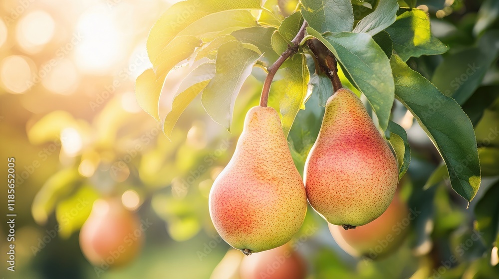 Poster ripe pears on tree with sunlight creating a warm glow highlighting fresh sweet fruits hanging from b