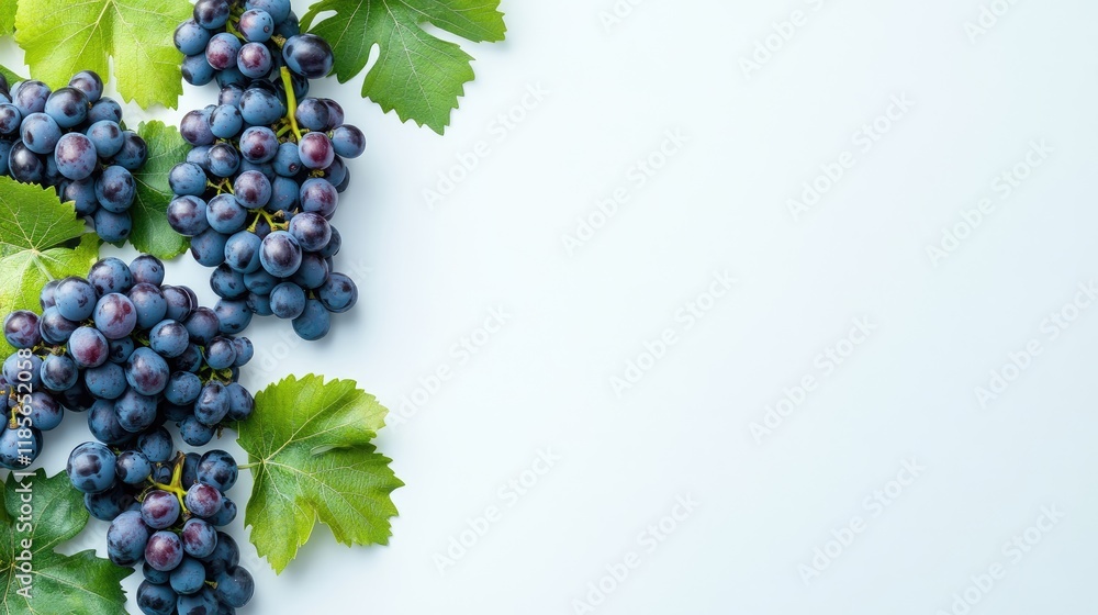 Poster ripe tropical grapes arranged with green leaves on a soft background perfect for adding text or desi