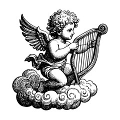 cupid play harp music inistrument sketch engraving black and white outline. Scratch board imitation.
