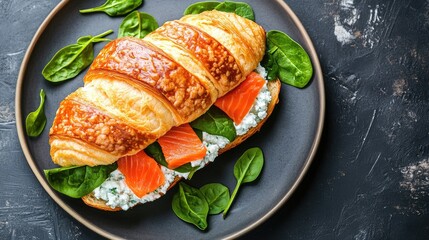 Croissant sandwich with cottage cheese smoked salmon and spinach healthy breakfast top view gourmet food plating