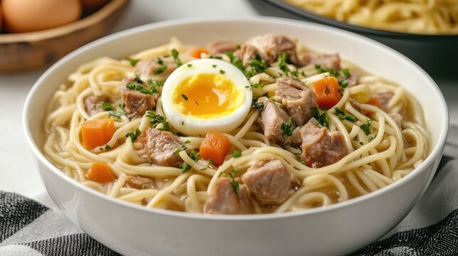 Filipino pork mami noodle soup with hard boiled egg and vegetables served in a white bowl on a rustic table for a comforting meal
