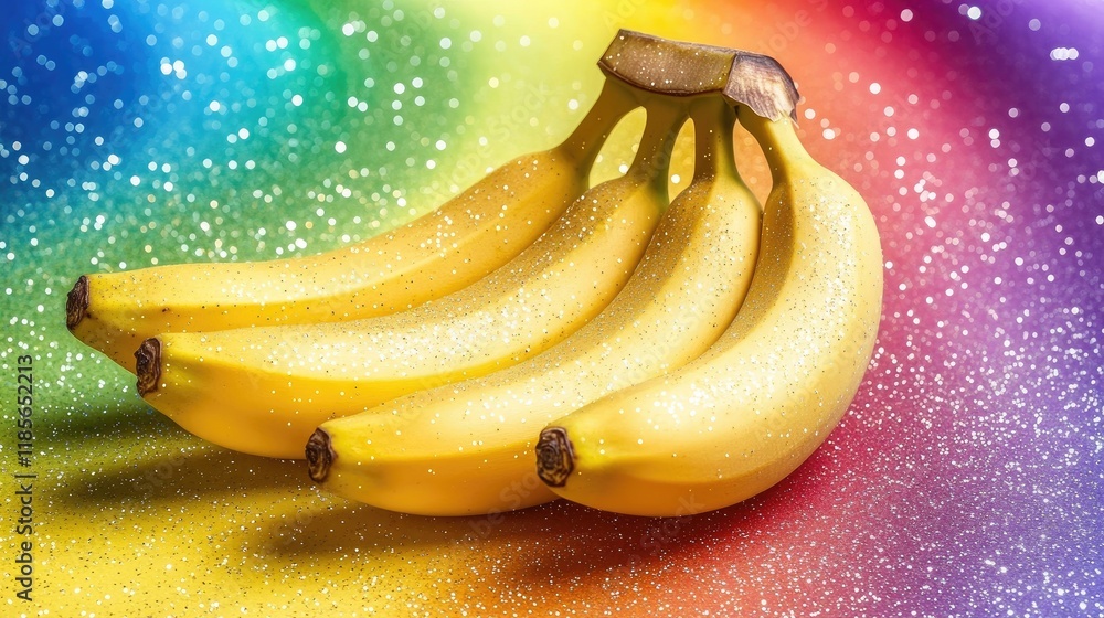 Poster ripe bananas adorned with sparkles set against a vibrant rainbow background creating a colorful and 