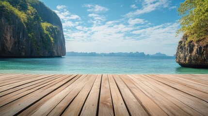 Fototapeta premium Serene Empty Wooden Terrace Overlooking Tranquil Beach and Cliffs Under a Clear Sky