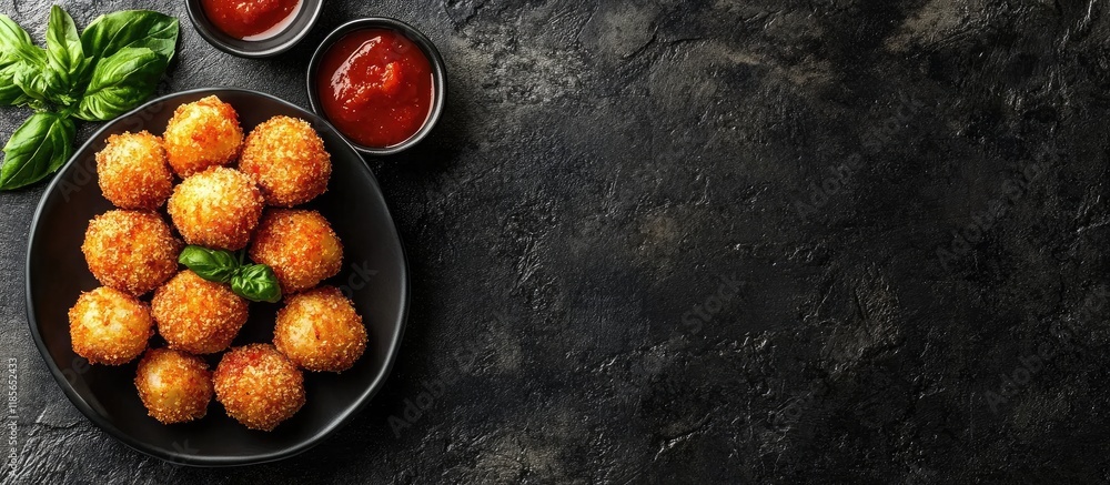 Poster crispy suppli served with rich tomato sauce on a dark stone background with ample space for text or 