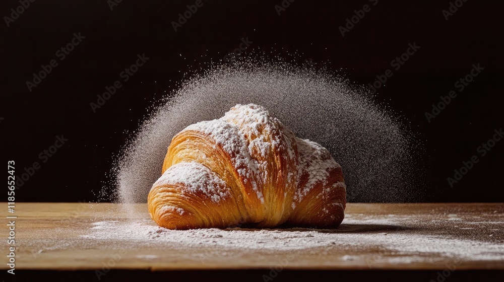 Poster croissant dusted with powdered sugar creating a tempting scene on a wooden table background