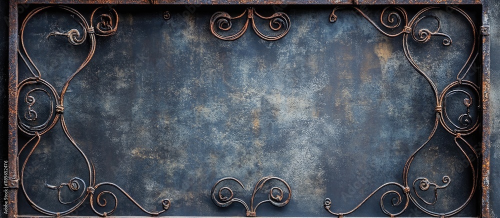 Poster rustic iron window frame featuring intricate scrollwork in a muted blue-gray backdrop with ample neg