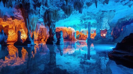 Stunning karst cave with colorful reflections and captivating rock formations creating a surreal underground landscape.