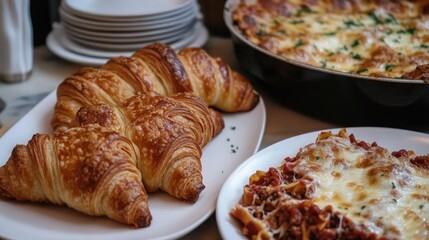Delicious assortment of freshly baked croissants and cheesy lasagna served on a rustic table setting
