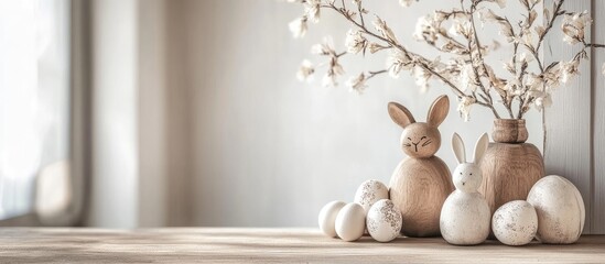 Easter decor with ceramic bunnies and eggs on a wooden surface featuring blank space for seasonal text or greetings