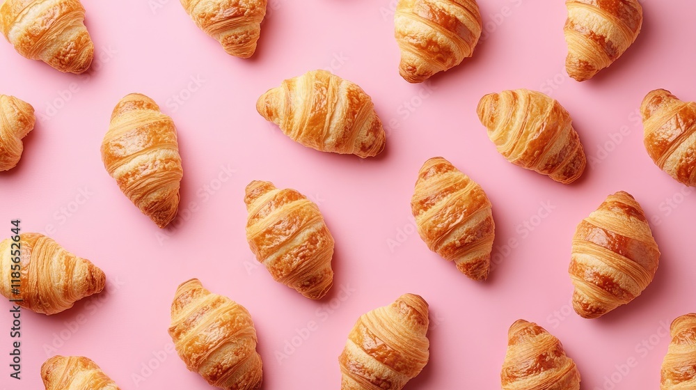 Poster freshly baked croissants arranged on a pink background creating a vibrant and appetizing culinary pa