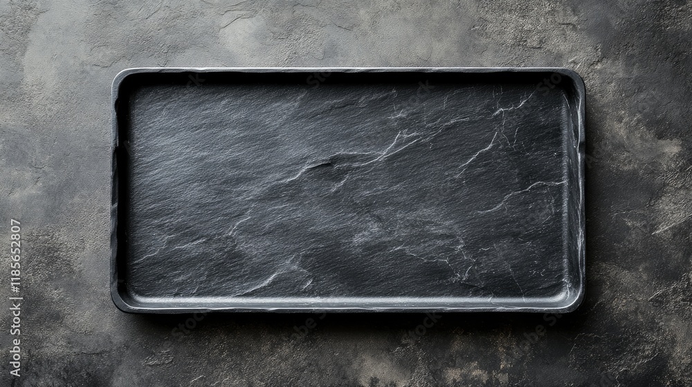 Poster rectangular black stone tray with textured surface on dark background for elegant serving and presen