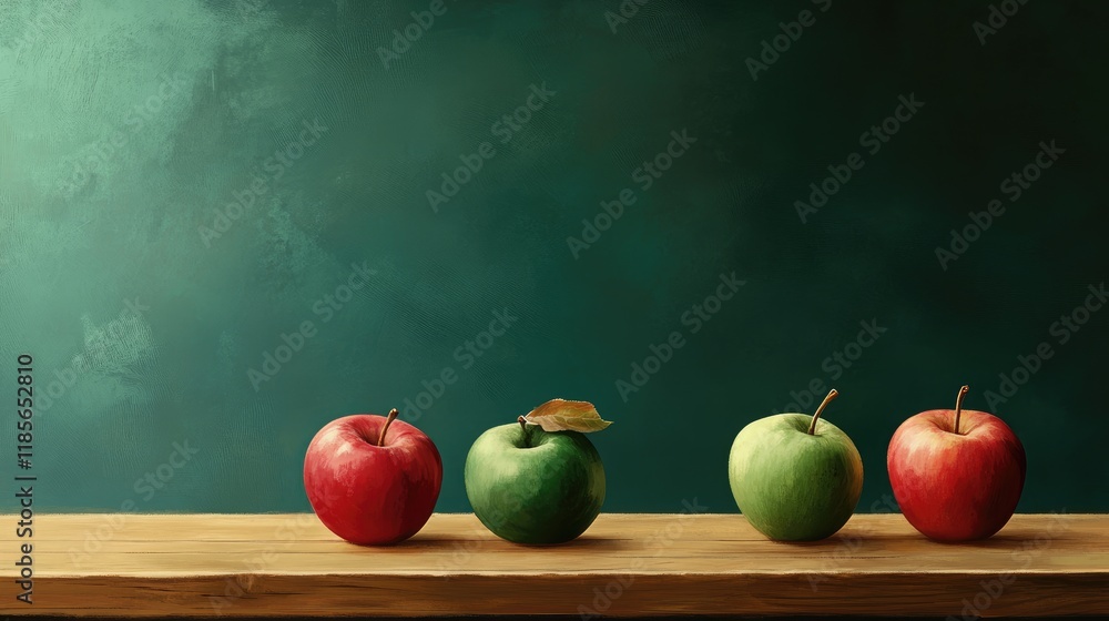 Poster freshly harvested ripe apples on a rustic wooden table with a textured green background and ample em