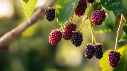 Ripe mulberries hanging on branches in a lush summer garden highlighting freshness and vibrant colors of seasonal fruit growth