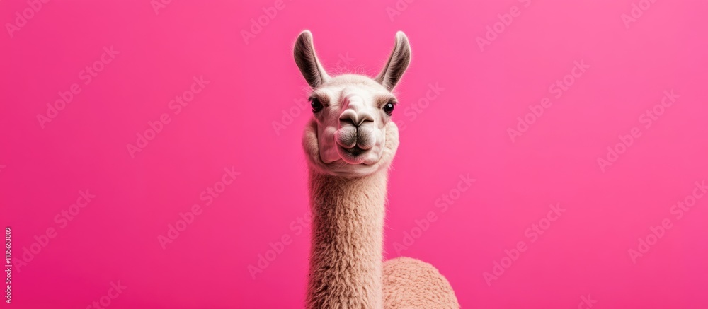 Poster playful llama gazing forward with a vibrant pink studio backdrop, capturing attention in a central c