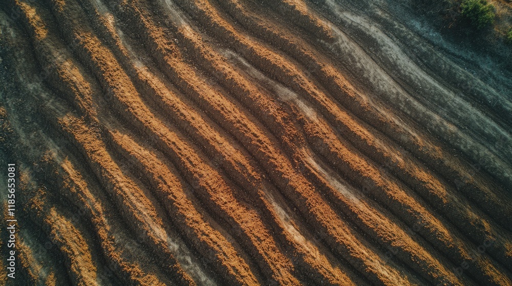 Poster aerial view of furrows in a plowed field ready for spring crop planting showcasing agricultural patt