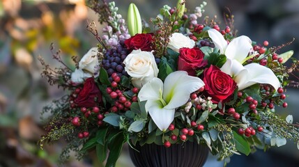Elegant Floral Arrangement Featuring Roses Lilies and Hypericum Berries in a Stylish Black Vase