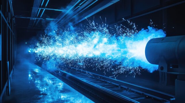 Electromagnetic Railgun Firing Scene with Blue Sparks and Light Effect in Industrial Environment
