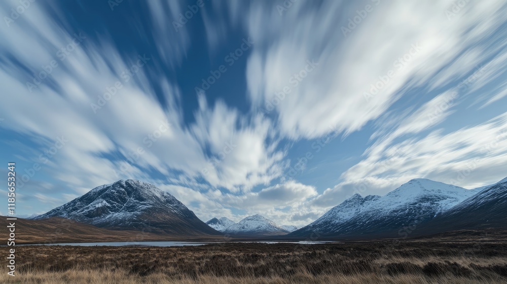 Poster timelapse of fast moving clouds over snowy mountains with clear blue sky and copy space for text in 