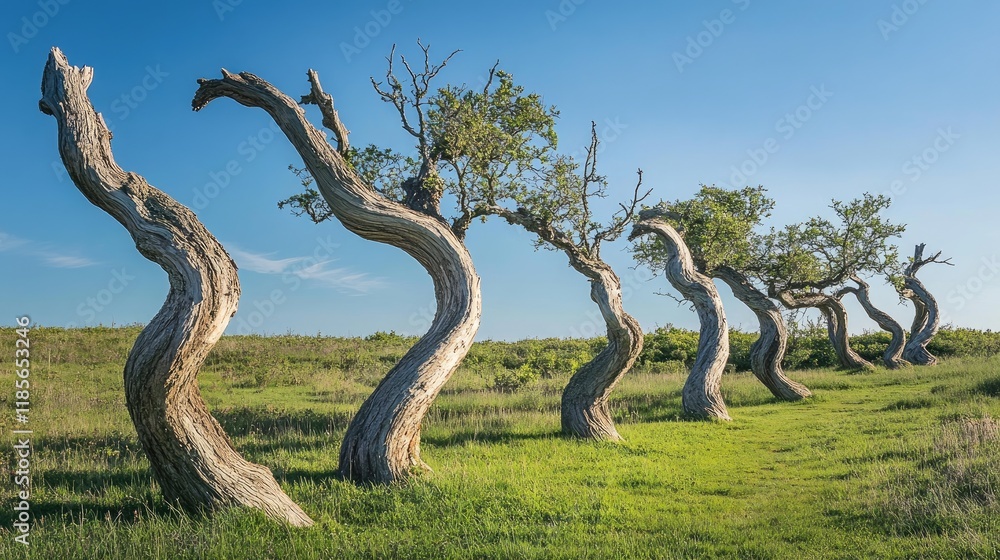 Aufkleber mysterious landscape featuring a row of crooked trees demonstrating unique bent shapes under a clear